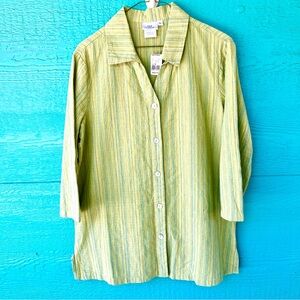 Hot Cotton Linen Blend Tunic Top L Green Chartreuse Blue Stripe NWT Button Front